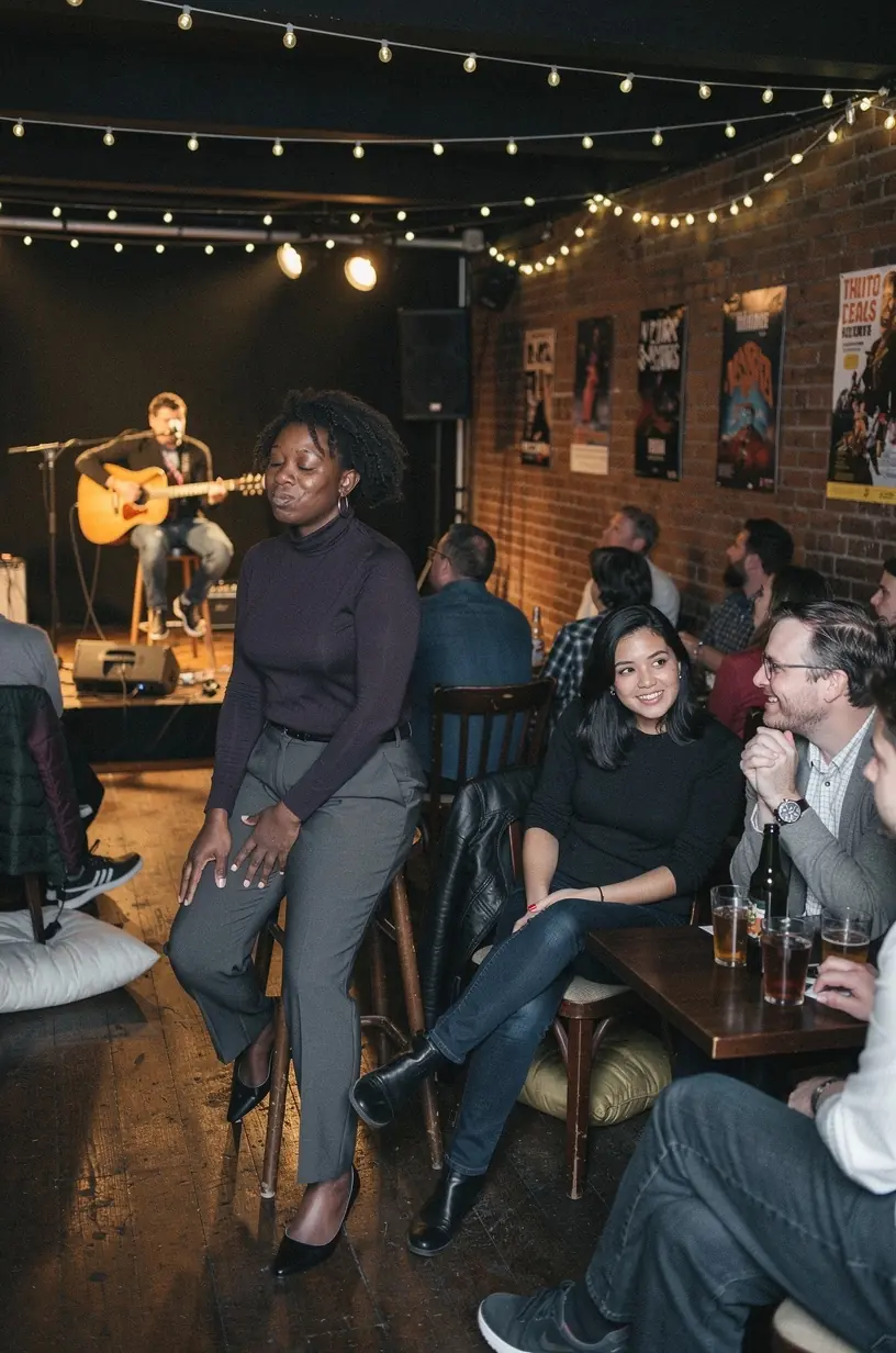 Family-friendly concert setup with outdoor seating and instruments.
